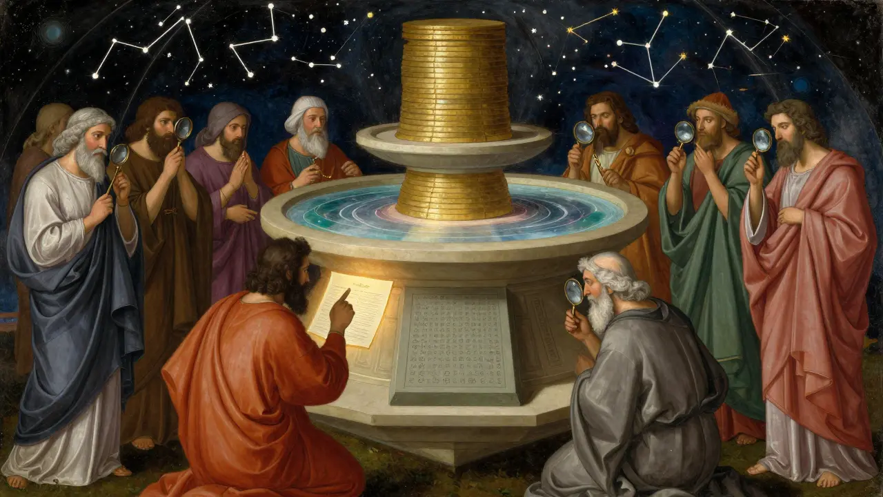 Древние учёные наблюдают за выполнением смарт-контракта на трёхуровневом алтаре, изображающем стек, память и хранилище EVM.