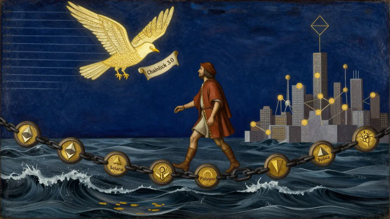 Путник переходит мост из цепей между блокчейнами, над ним — оракул с данными, в стиле темперной живописи.