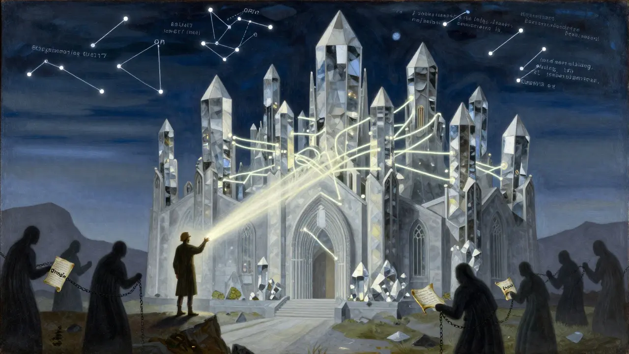 Путник запускает световую транзакцию в храм из кристаллов, символизирующих смарт-контракты, в то время как оракулы подают данные.