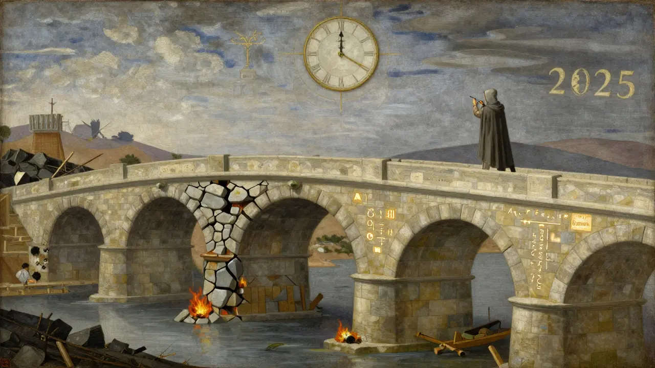 Темперная живопись: две строительные технологии — быстрая и хрупкая против медленной и прочной — сравниваются как мост.