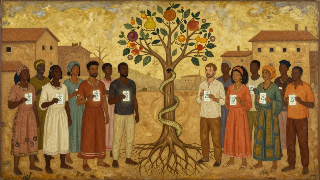 Темперная живопись: люди разных континентов с цифровыми удостоверениями у дерева-блокчейна, символизирующего доступ к финансам.