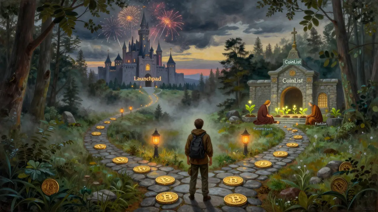 Темперная живопись: путник стоит на развилке — один путь ведёт к замку с фейерверками, другой — к монастырю с ростками технологий.