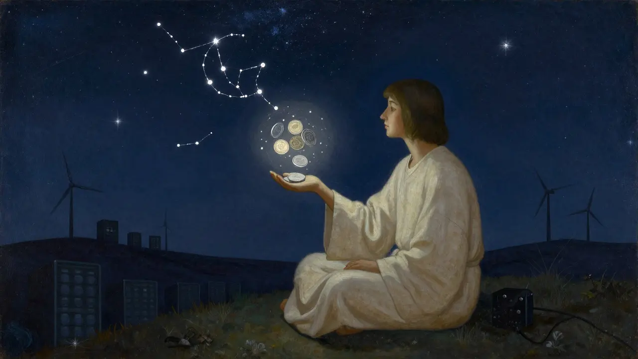 Темперная живопись: стейкер под звездным небом, держащий светящийся ADA-шар, вокруг — змея Оуроборос из звезд.