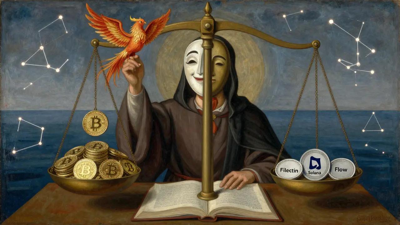 Темперная живопись: весы справедливости с BNB и токенами, фигура с двойным лицом, за ней цифровые логотипы платформ.