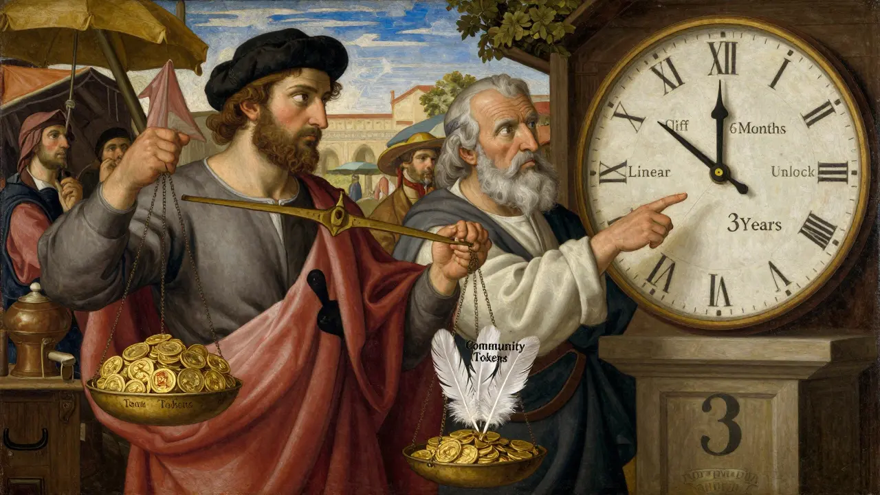 Торговец взвешивает золото команды и токены сообщества, рядом — часы с метками 'Клифф 6 месяцев'.