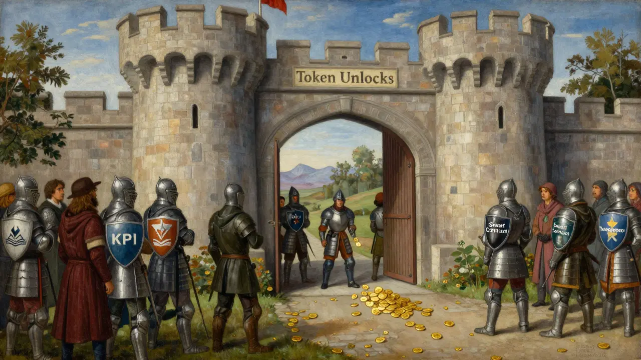Замок с воротами 'Token Unlocks' постепенно открывается, стражи держат щиты с KPI и смарт-контрактами.