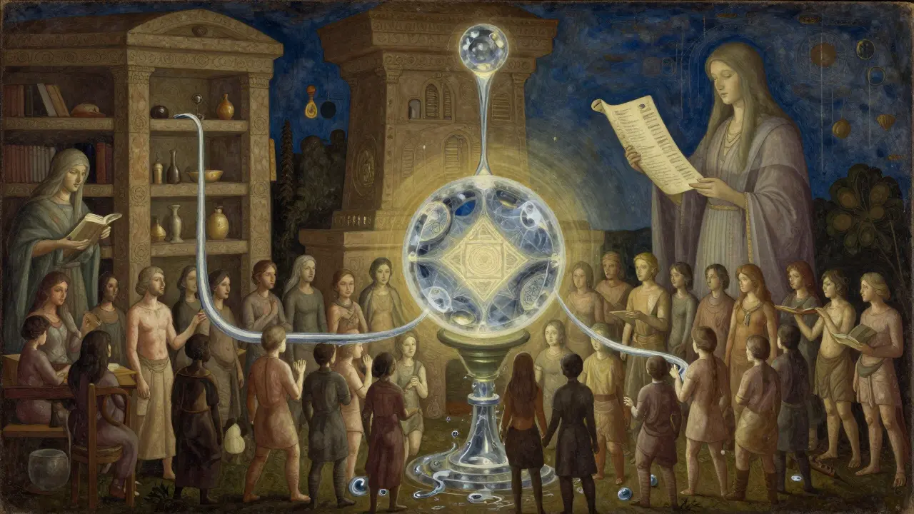 Алхимическая лаборатория Bittensor с человеческими узлами, питающими кристалл ИИ.