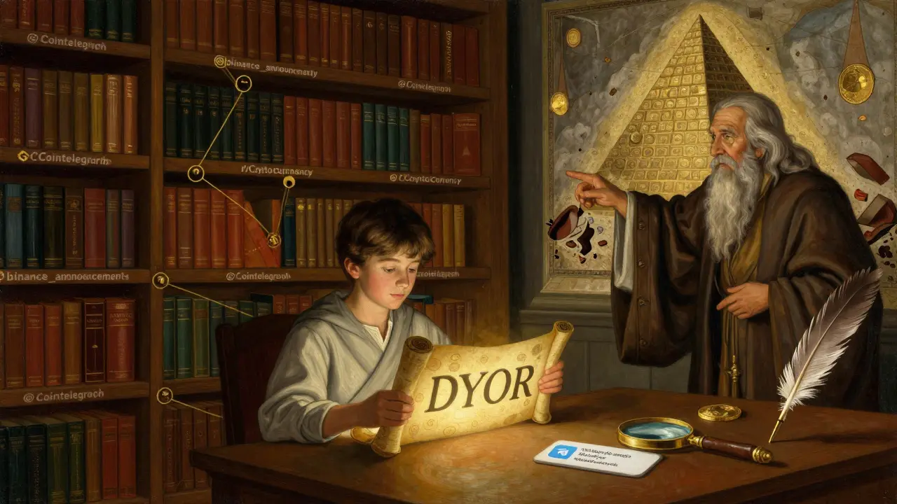 Библиотека блокчейнов с учеником, читающим DYOR, и мудрецом, указывающим на разрушение ложных сигналов.