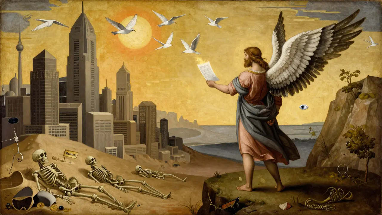 Фигура стоит на скале, белая книга превращается в птиц, улетающих к солнцу, позади — руины мем-коинов.