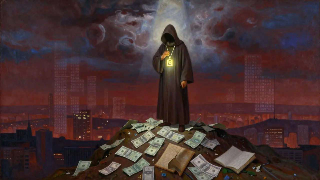 Фигура в плаще стоит на куче разрушенных банковских документов, держа светящуюся цепочку блокчейна.