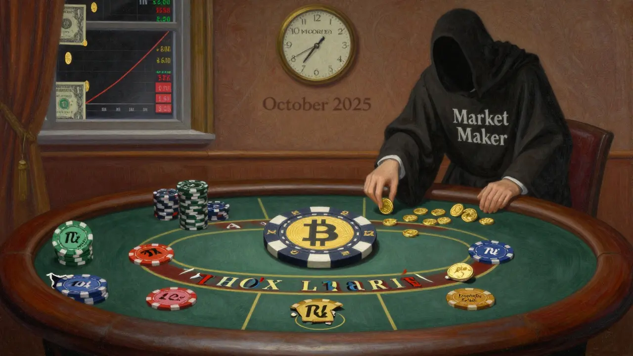 Казино с одной крупной фишкой Bitcoin и разбитыми фишками с плечом и мемкоинами.