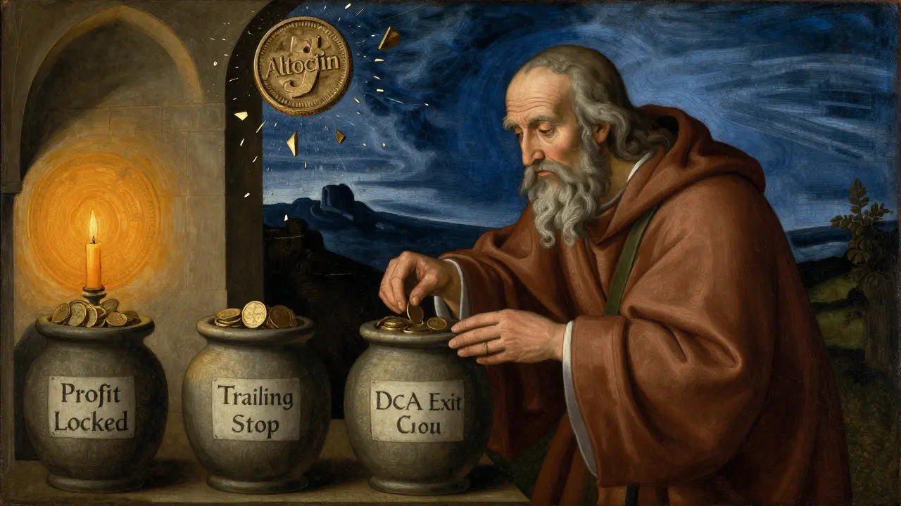 Монах разделяет прибыль на три сосуда: фиксация, трейлинг-стоп и DCA, позади — разрушающийся альткоин.
