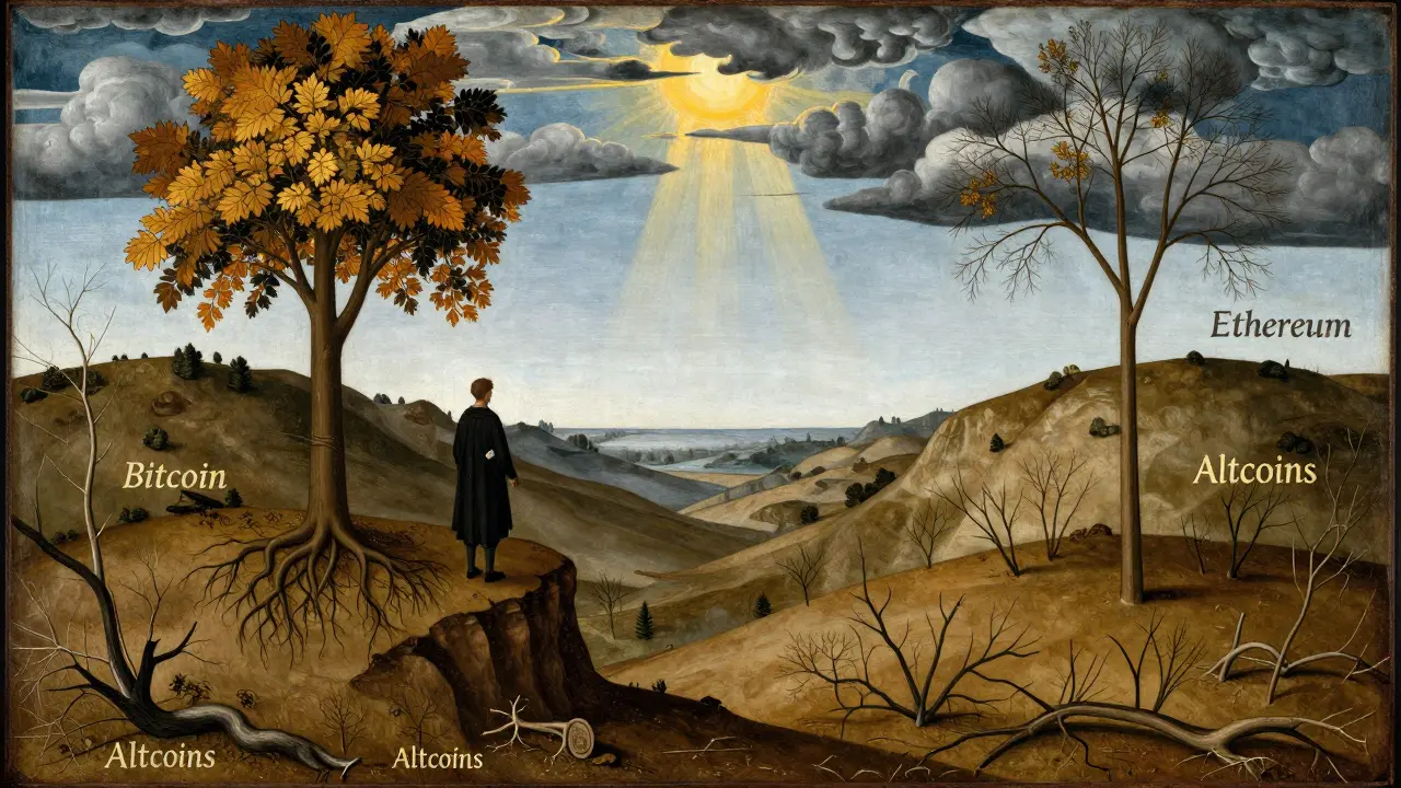 Одинокий человек стоит у скалы, где растут только Bitcoin и Ethereum, остальные растения мертвы.