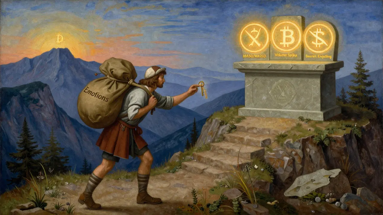Путник поднимается по горе, несёт мешок эмоций, впереди — алтарь с сигналами выхода, на рассвете растёт биткоин.