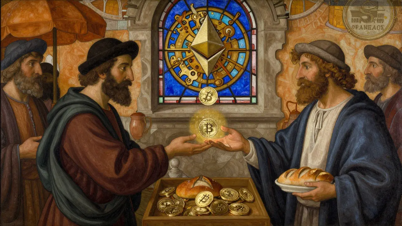 Рынок в стиле Средневековья, где торговцы обмениваются светящимися цифровыми монетами вместо золота.