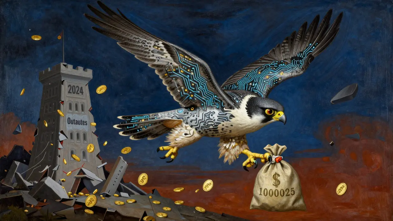 Сокол из цифровых схем Solana летит сквозь микротранзакции, падающая башня сбоев позади.