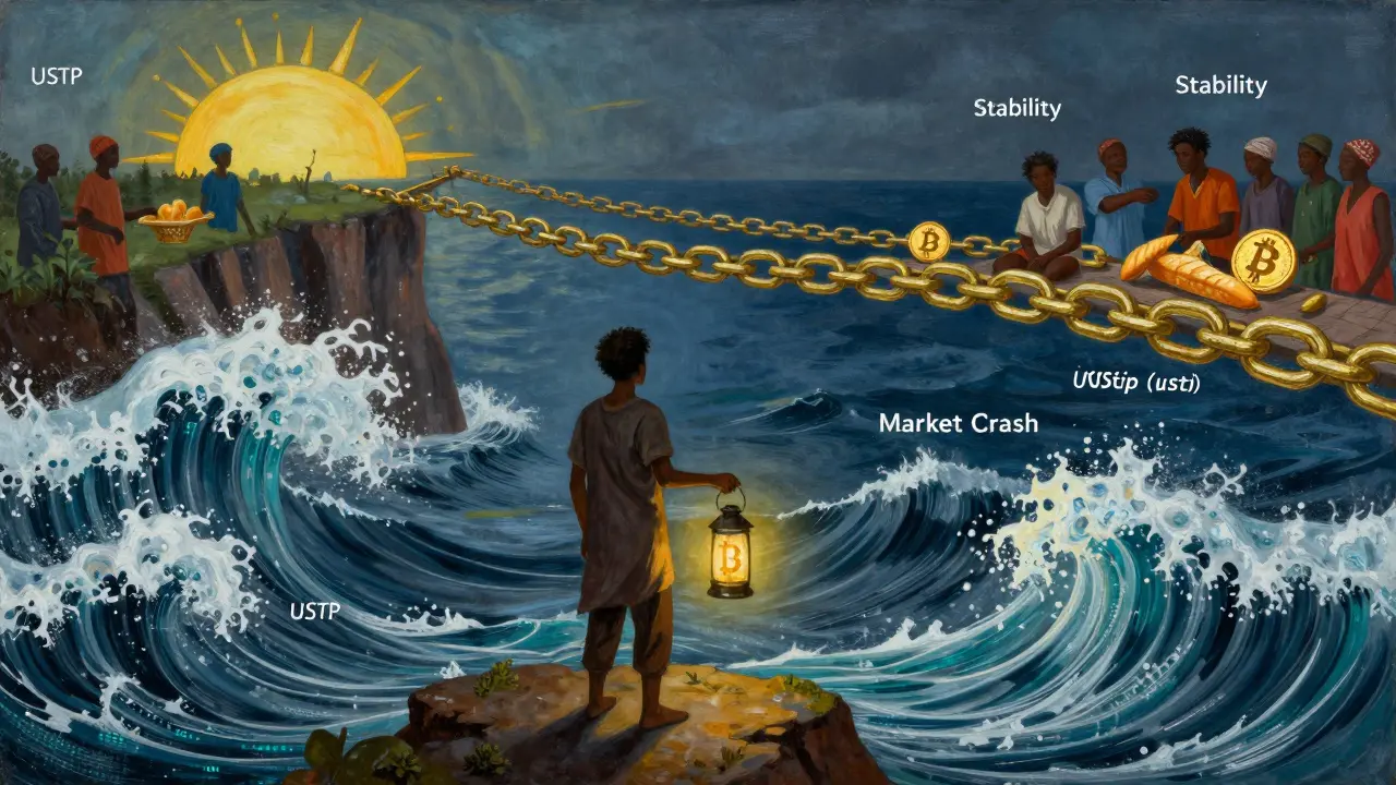 Темперная живопись: фигура с фонарём из USDT на скале, освещающая мост к стабильности amid шторма крипторынка.