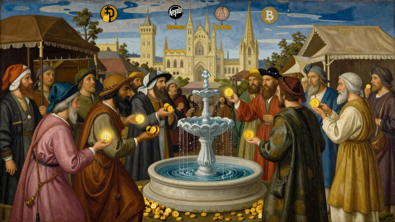 Темперная живопись: средневековый рынок, где торговцы обмениваются светящимися токенами USDT вместо золота.