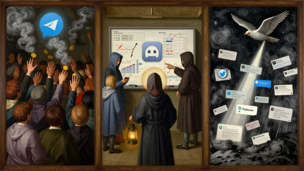 Трехчастный алтарь: обман в Telegram, обучение в Discord и хаос в Twitter, где новичок держит фонарь терпения.