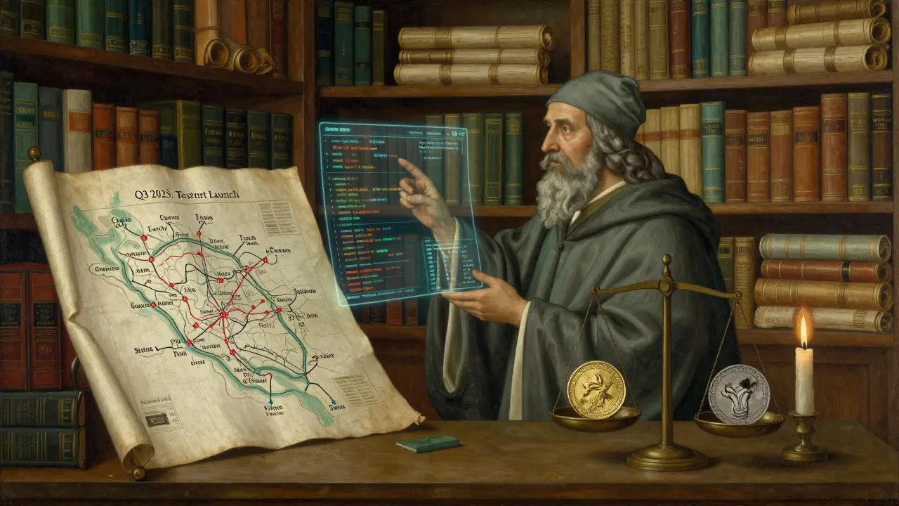 Ученый в библиотеке сравнивает дорожную карту проекта с кодом в цифровом свете, рядом — баланс золота и фальшивого токена.