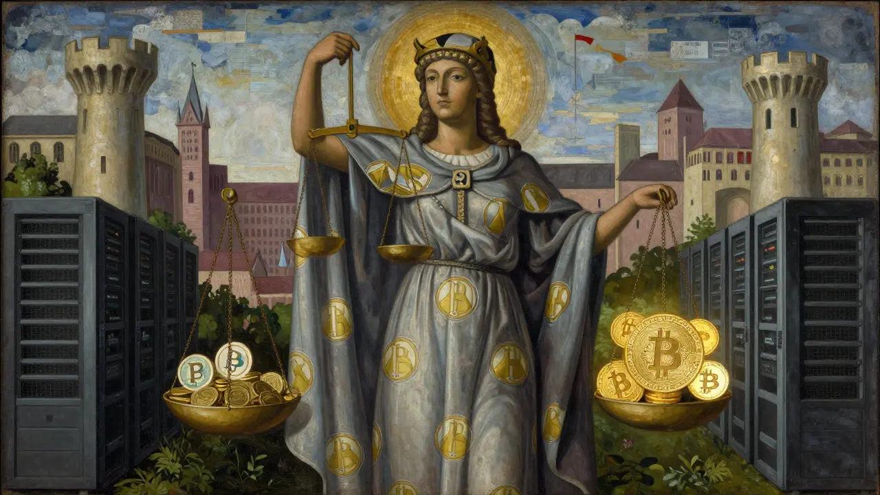 Фигура Правосудия с балансом между рублями и криптовалютой, фон — смесь средневекового города и серверов.