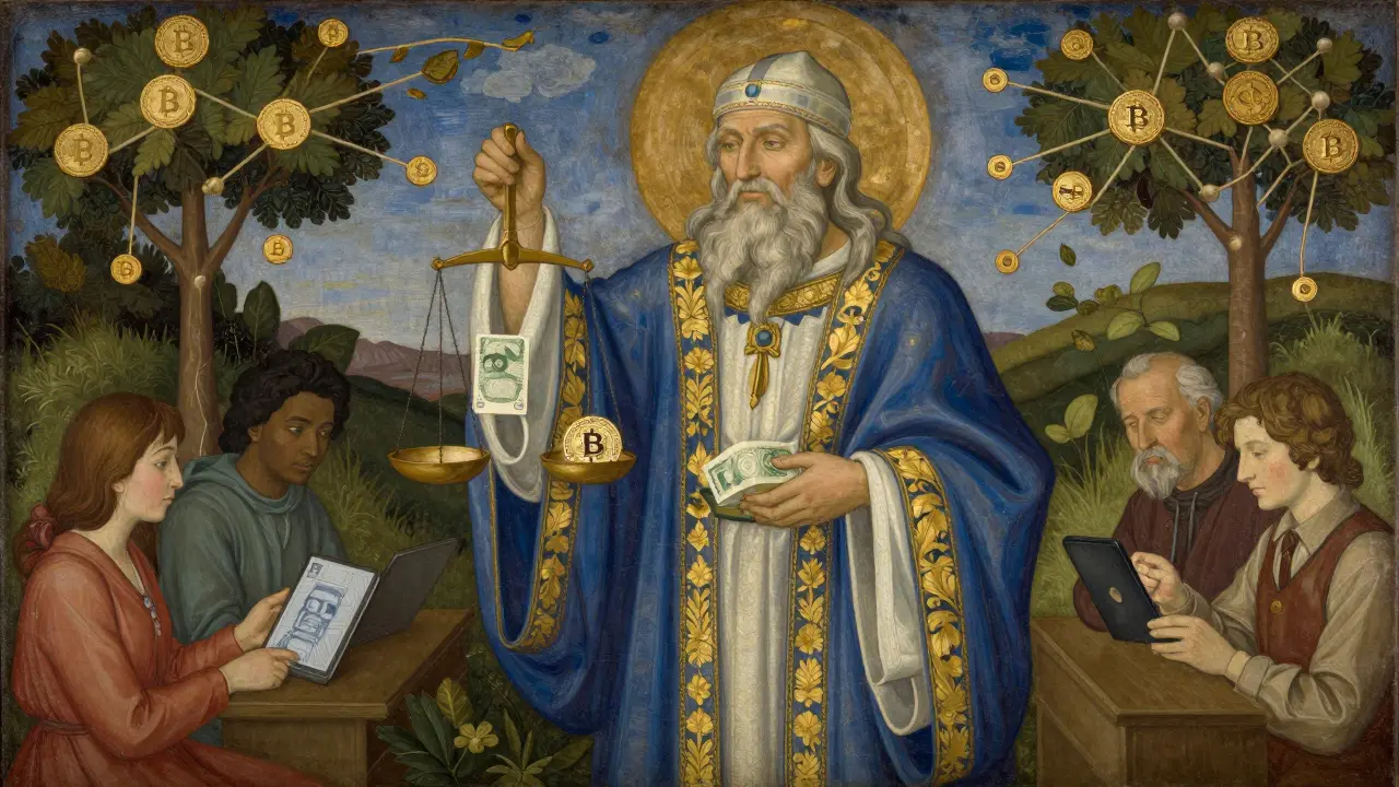 Мудрый старец из ЦБ держит весы с банковской купюрой и цифровым токеном, вокруг — граждане, использующие и банки, и криптоплатформы.
