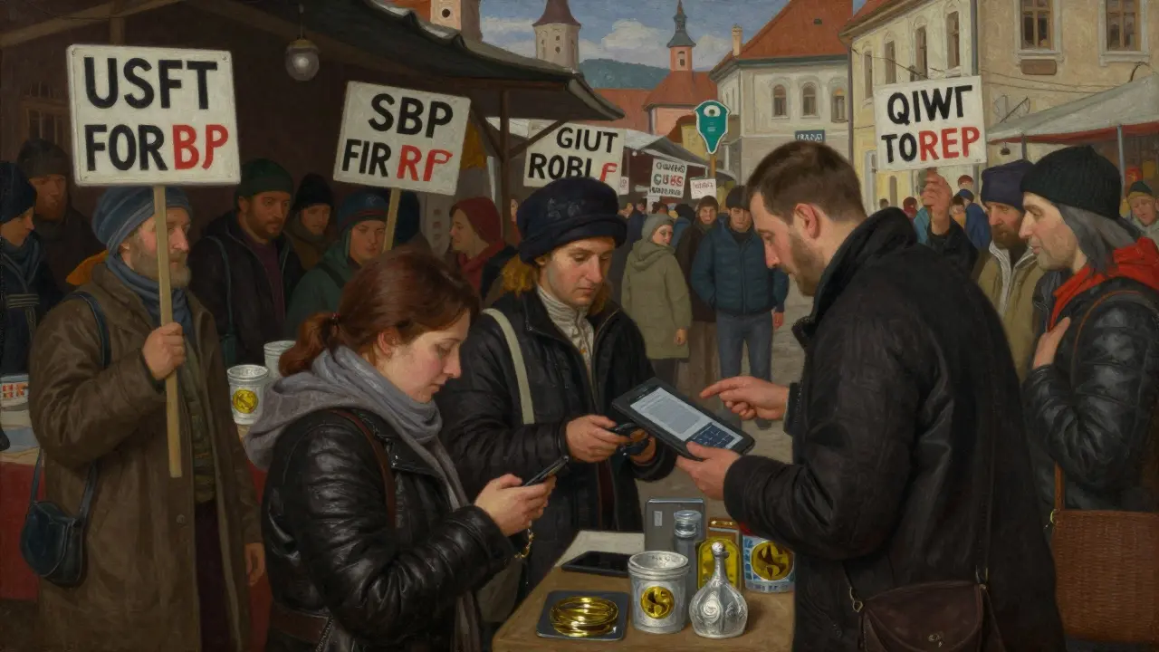 Рынок, где люди покупают и продают криптовалюту за наличные и электронные платежи, в атмосфере традиционной живописи.