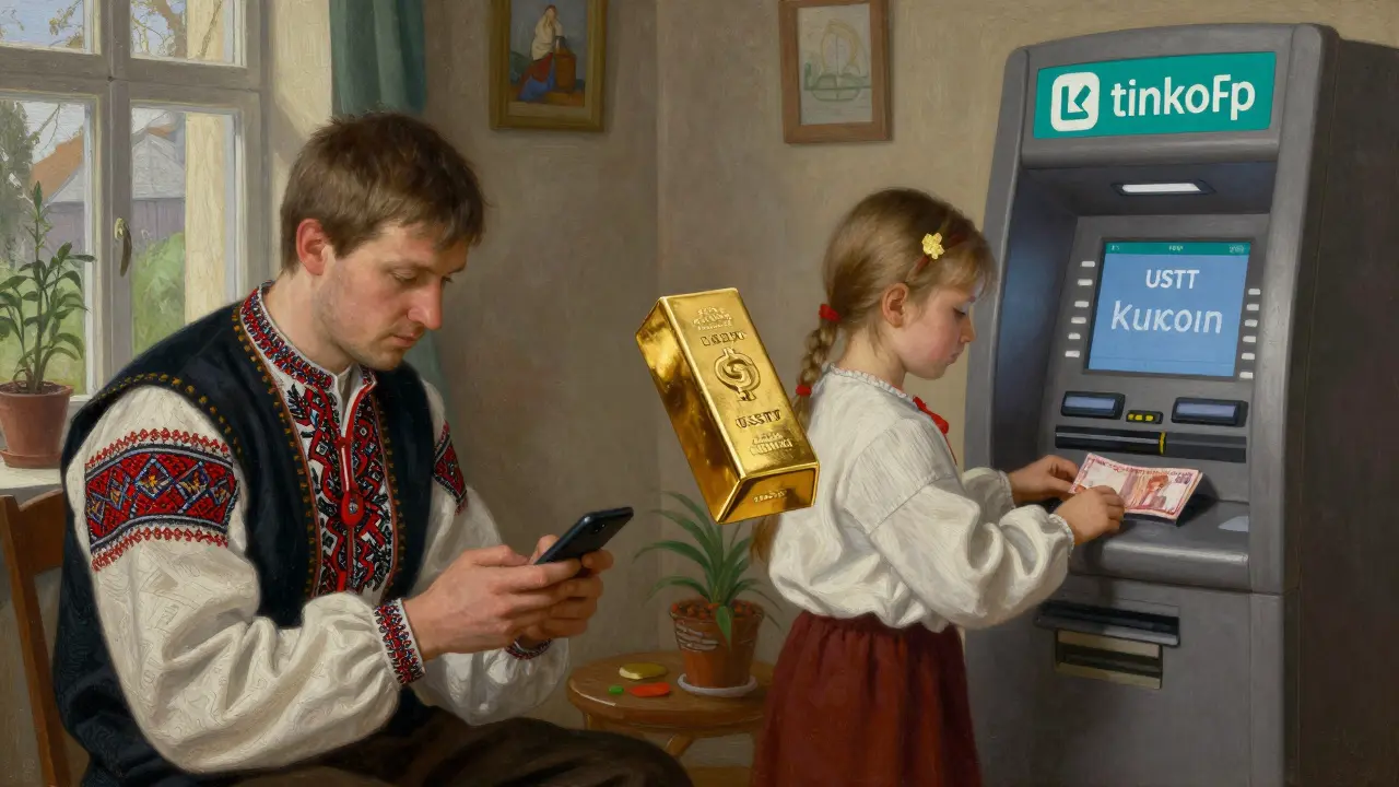 Семья в домашней обстановке: один использует смартфон для перевода USDT, другой снимает рубли с банкомата — символ гибридной финансовой системы.