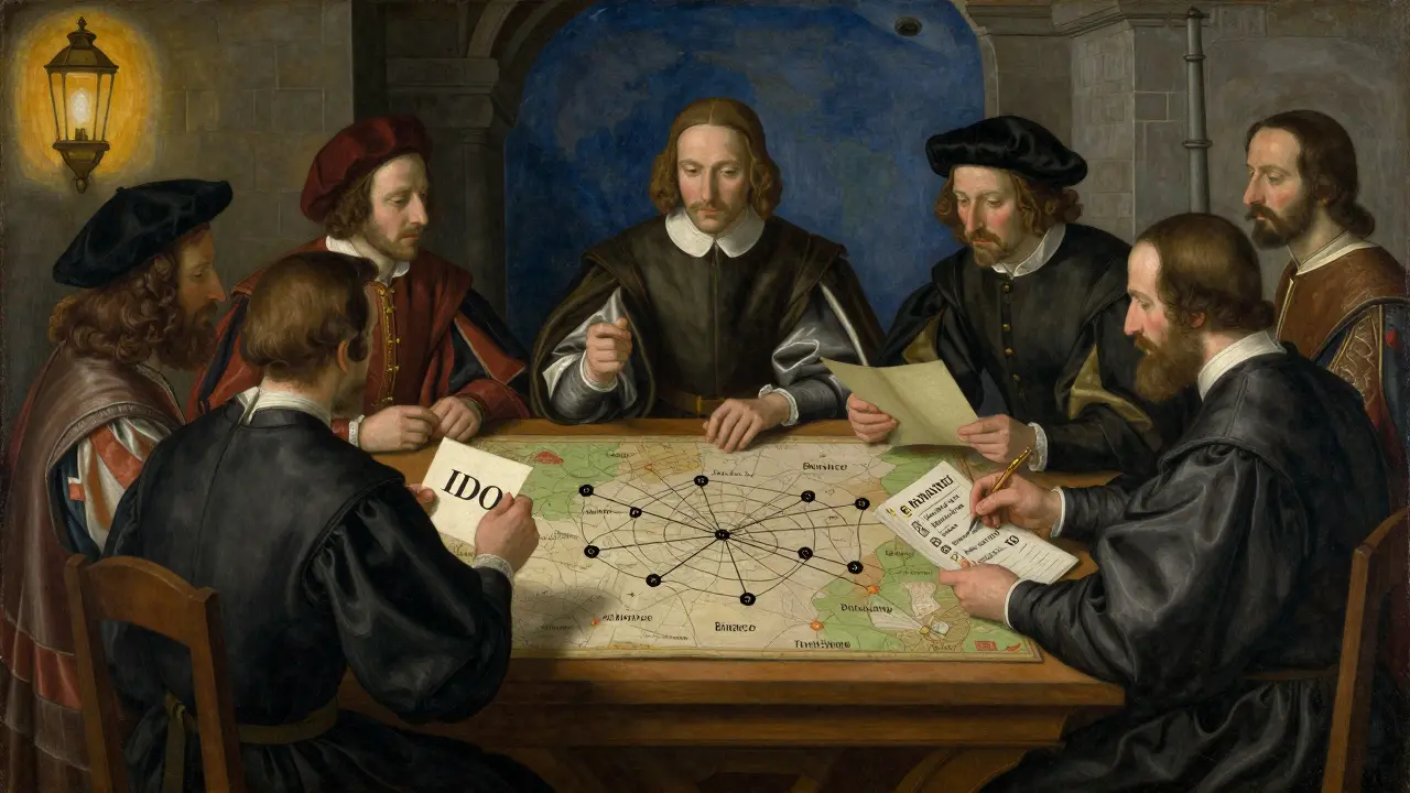 Темперная живопись: инвесторы в средневековых одеждах изучают карту блокчейнов и документы IDO.