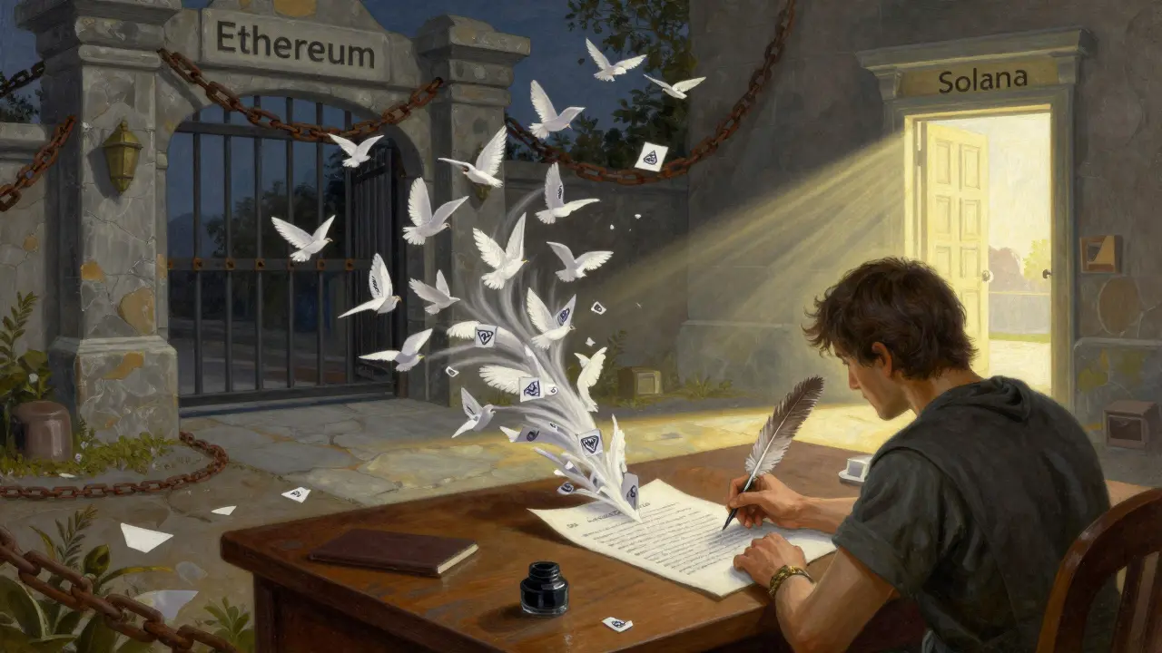 Темперная живопись: Создатель пишет контракт, из которого поднимаются миллионы сжатых NFT, как птицы, в то время как врата Ethereum закрыты.