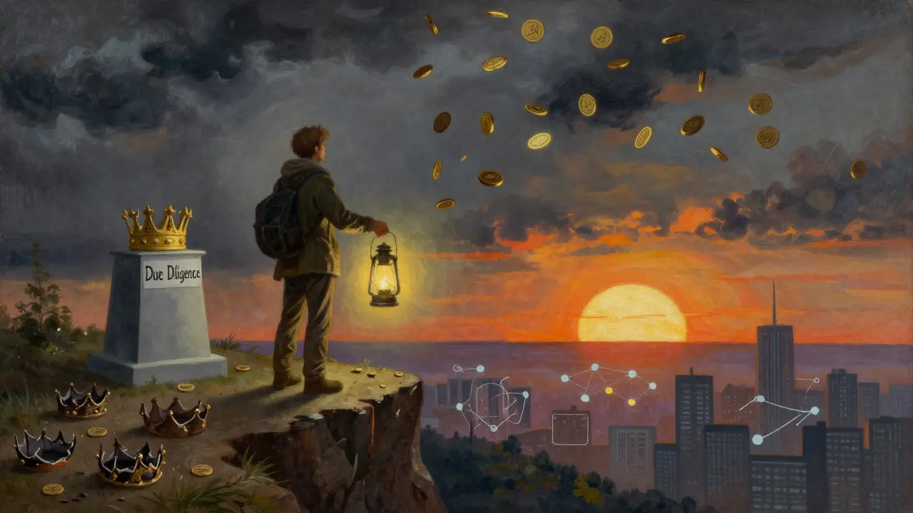 Темперная живопись: странник у скалы, свет фонаря показывает путь к мудрости среди руин неудачных проектов.