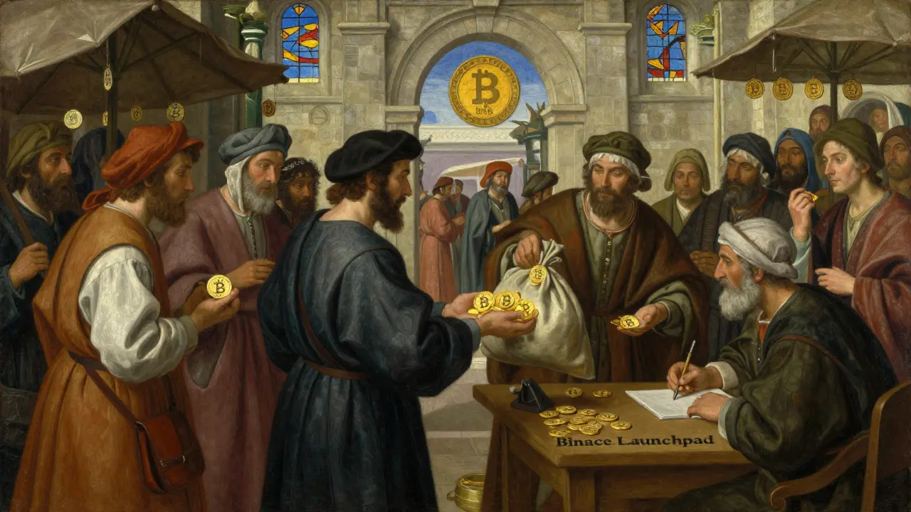 Темперная живопись: торговцы в средневековом рынке обменивают монеты BNB у писца у арки с логотипом BNB Chain.