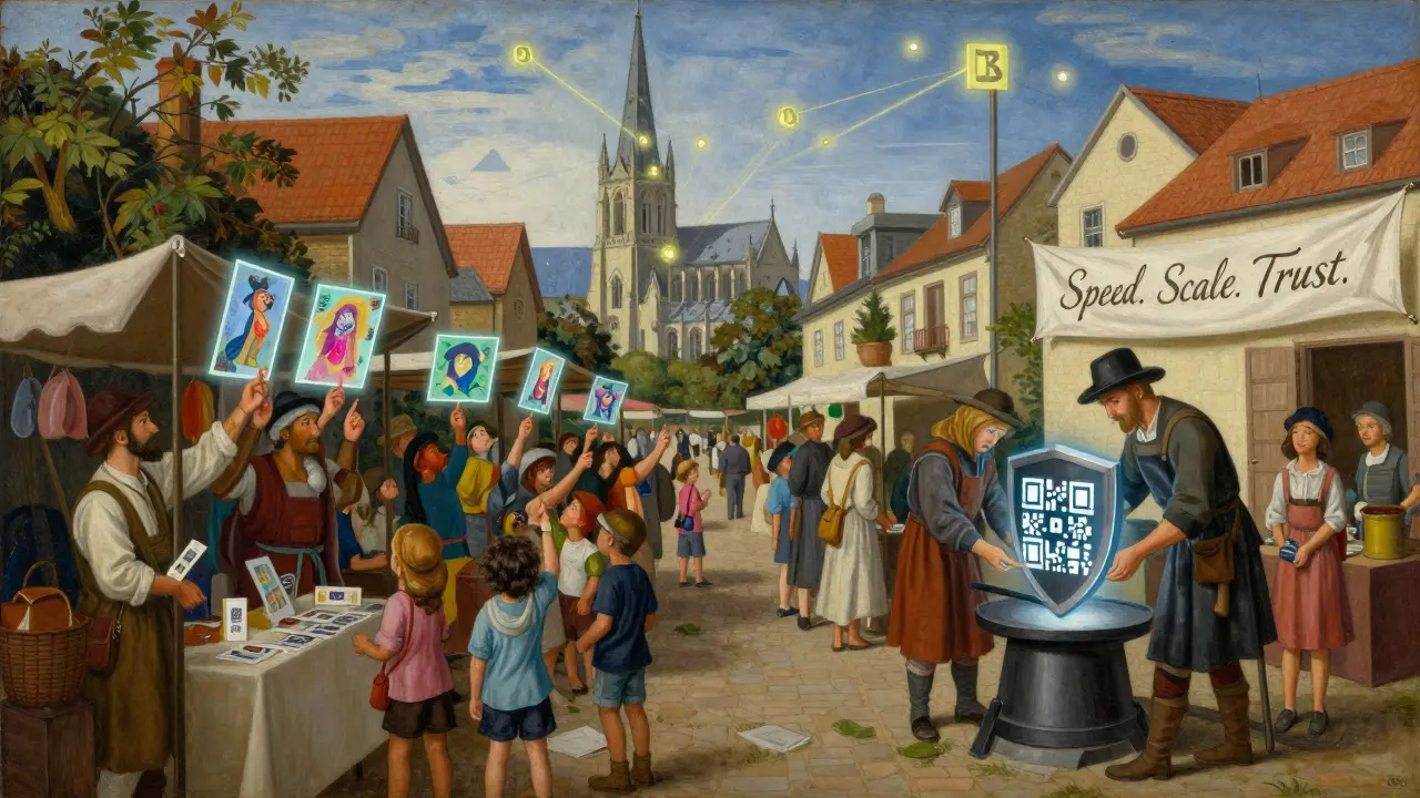 Темперная живопись: Живой рынок с цифровыми билетами, QR-щитами и блокчейн-храмом, где люди получают NFT в средневековом стиле.