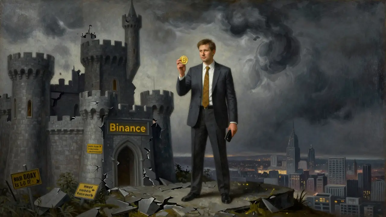 Инвестор стоит у разрушающегося замка Binance, держа кошелек и токен, за спиной — буря.
