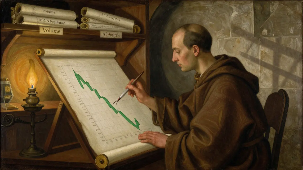 Монах пишет свечной график на пергаменте в тихой библиотеке, вокруг — свитки о объеме и регуляциях.