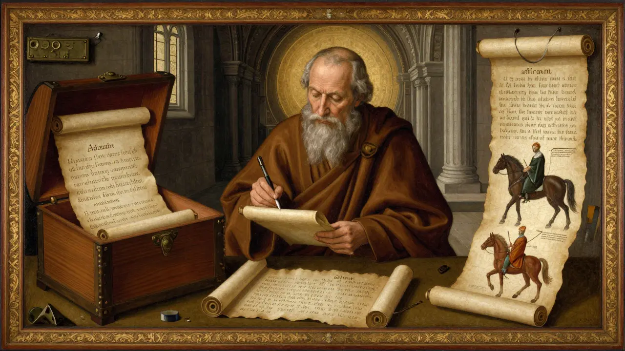 Мудрец записывает сид-фразу на трёх свитках, хранящихся в разных местах — дом, храм и у доверенного лица.