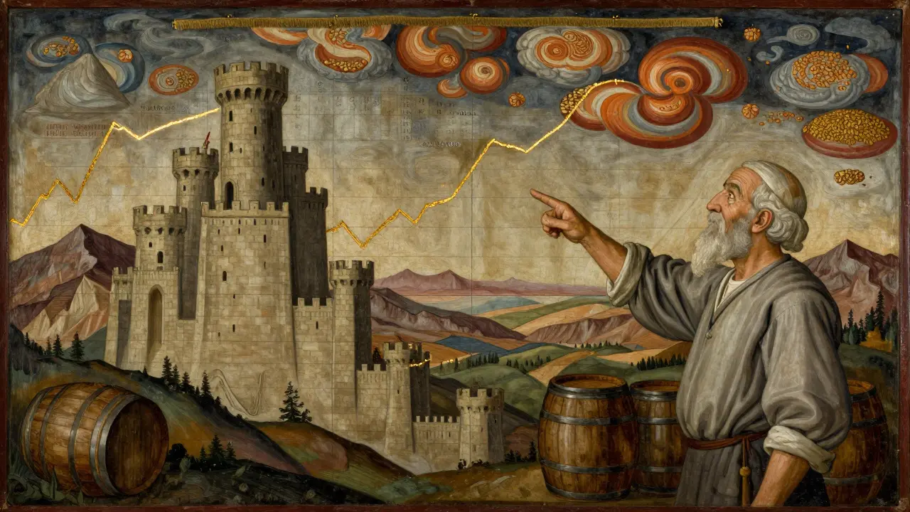 Мудрый торговец указывает на тканую гобеленовую карту рыночных трендов в виде замков и холмов.