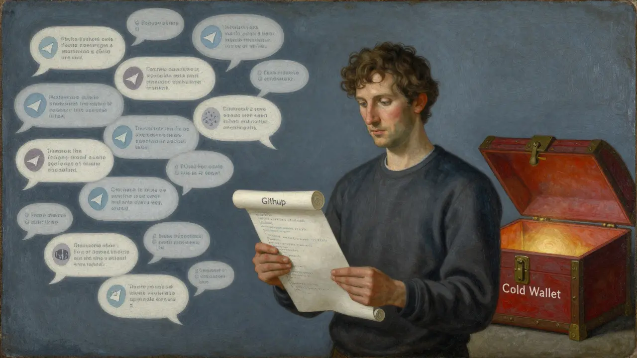 Мужчина держит свиток с кодом, перед ним — взрывающиеся чаты Telegram, позади — сундук холодного кошелька.