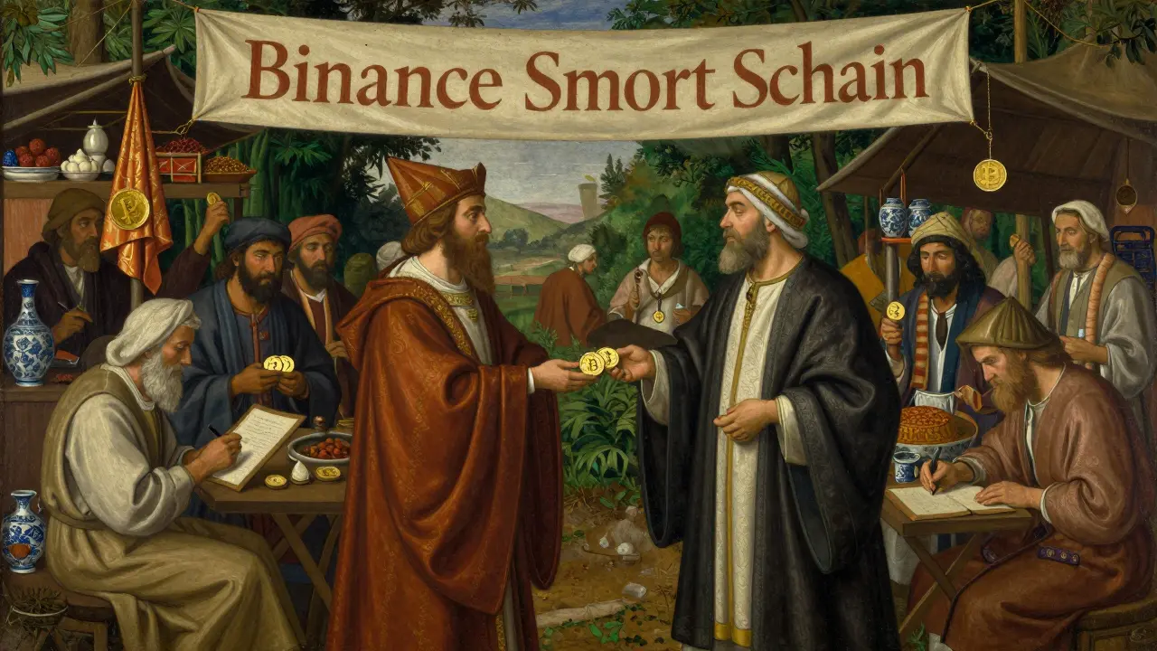 Торговцы в средневековом рынке принимают BNB за товары, над ними — знамя Binance Smart Chain.