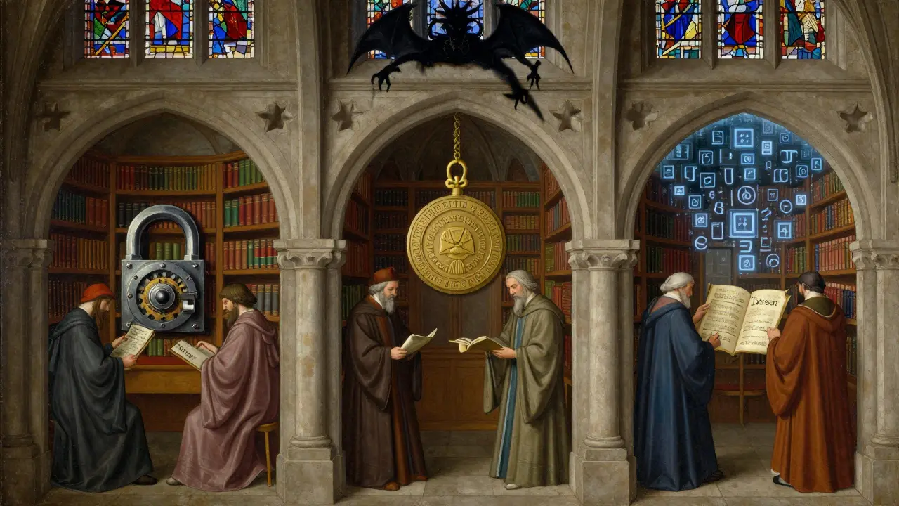 Три сейфа в библиотеке символизируют разные стратегии хранения криптовалют, а на фоне — дракон квантовых угроз.