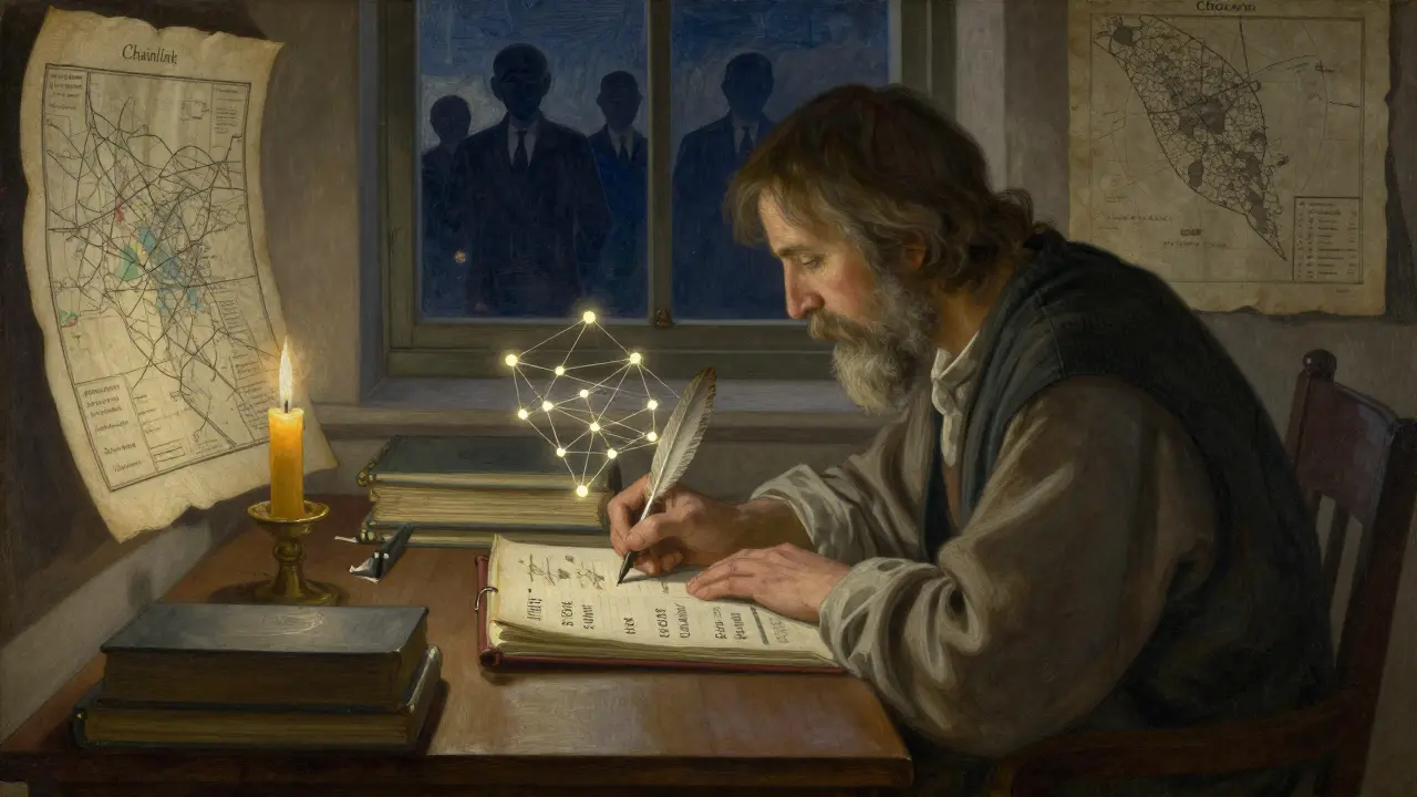 Ученый в кабинете изучает древние отчеты о доходах криптопроектов под свечным светом.