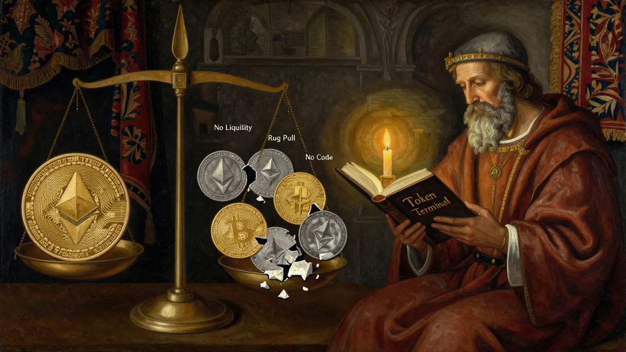 Весы с биткоином и эфириумом против хрупких токенов, ученый изучает книгу под светом свечи в темной комнате.