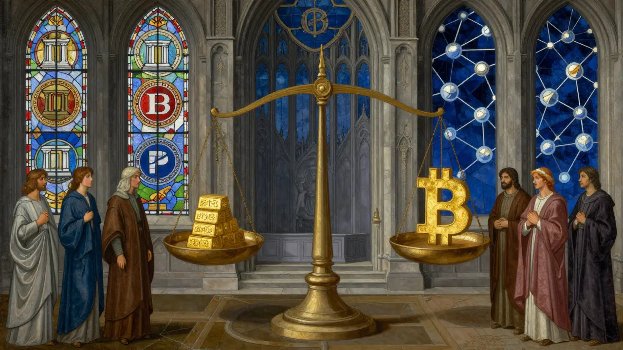 Здание в стиле собора с символами центральных банков и блокчейна, весы с золотом и биткоином в равновесии.