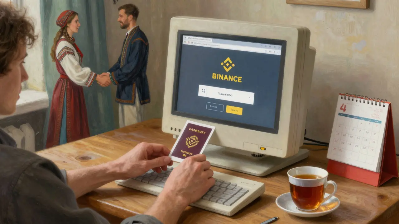 Человек загружает паспорт на компьютере, на экране — сайт Binance, на столе чашка чая.