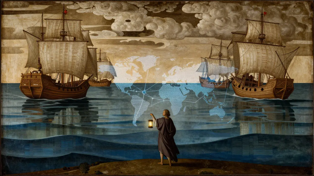 Фигура с фонарём, проецирующим сеть RippleNet над океаном, где корабли с логотипами банков плывут к берегам.