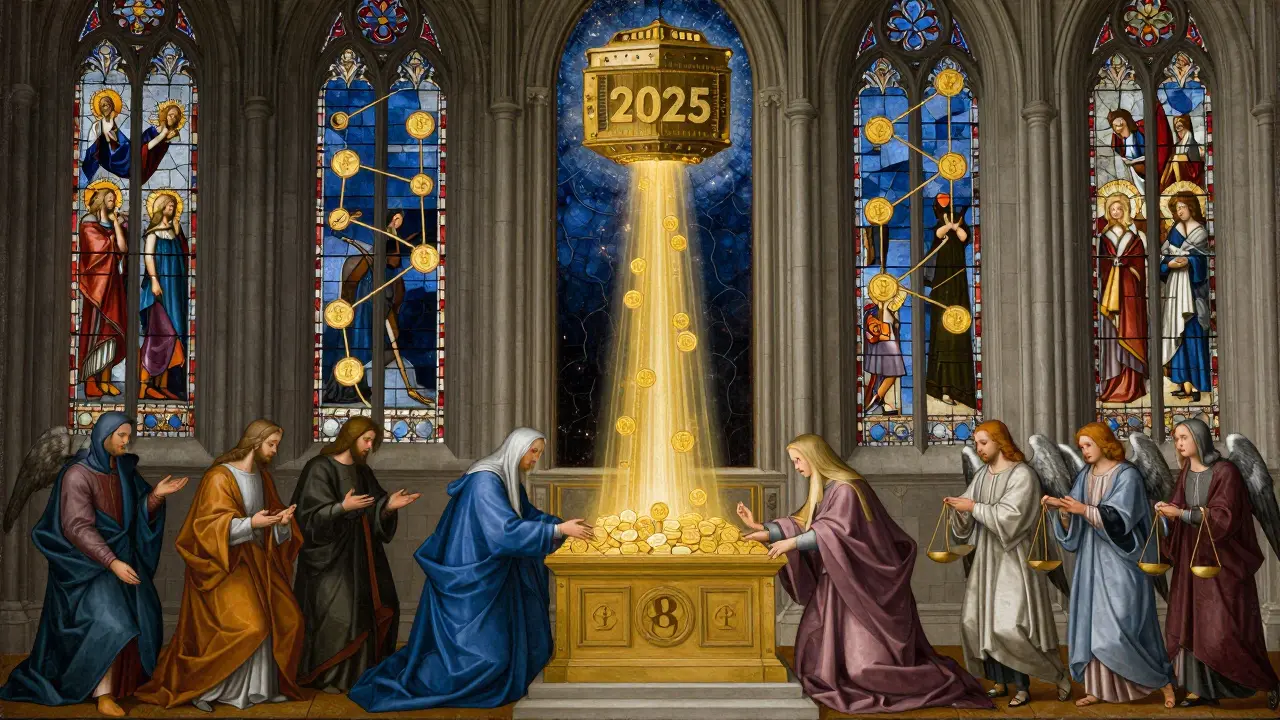 Храм с витражами, изображающими блокчейн, верующие предлагают ETH, а свет превращается в токены.