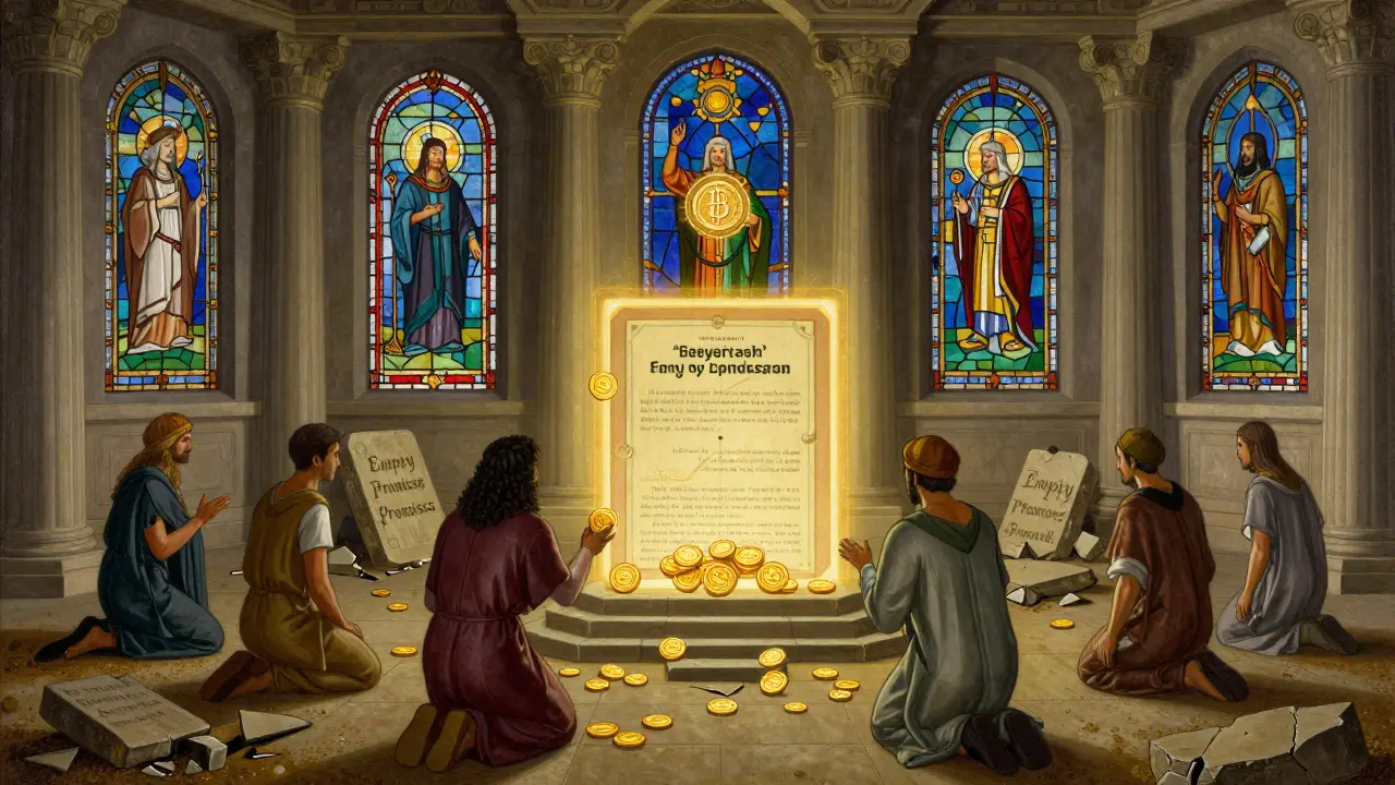 Храм с витражами криптопроектов, где умный контракт выпускает токены при выполнении этапов.