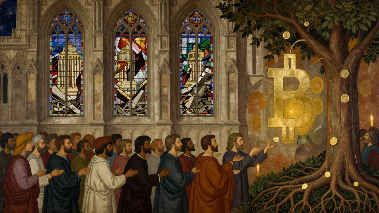 Люди обмениваются монетами под деревом, корни которого образуют блокчейн, а позади рушатся башни банков.