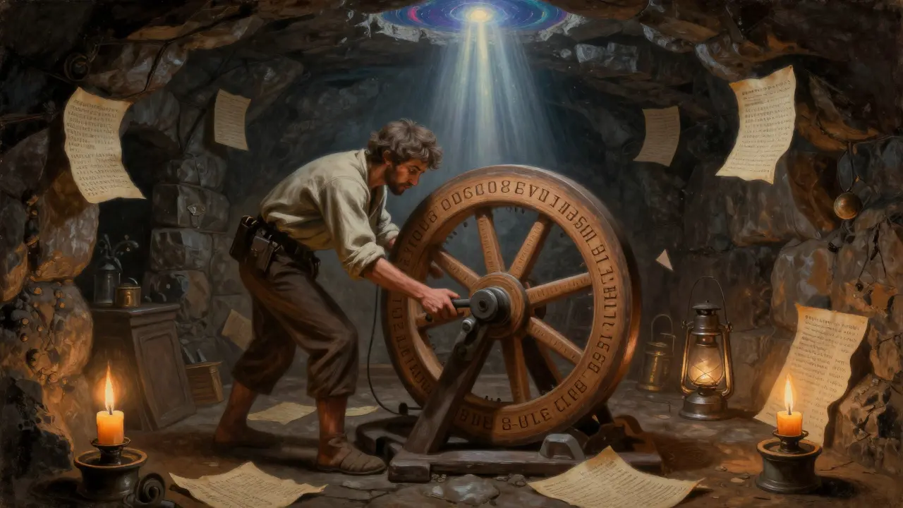 Майнер у древнего вычислительного колеса в темной камере, освещенный лучом света, в стиле темперной живописи.