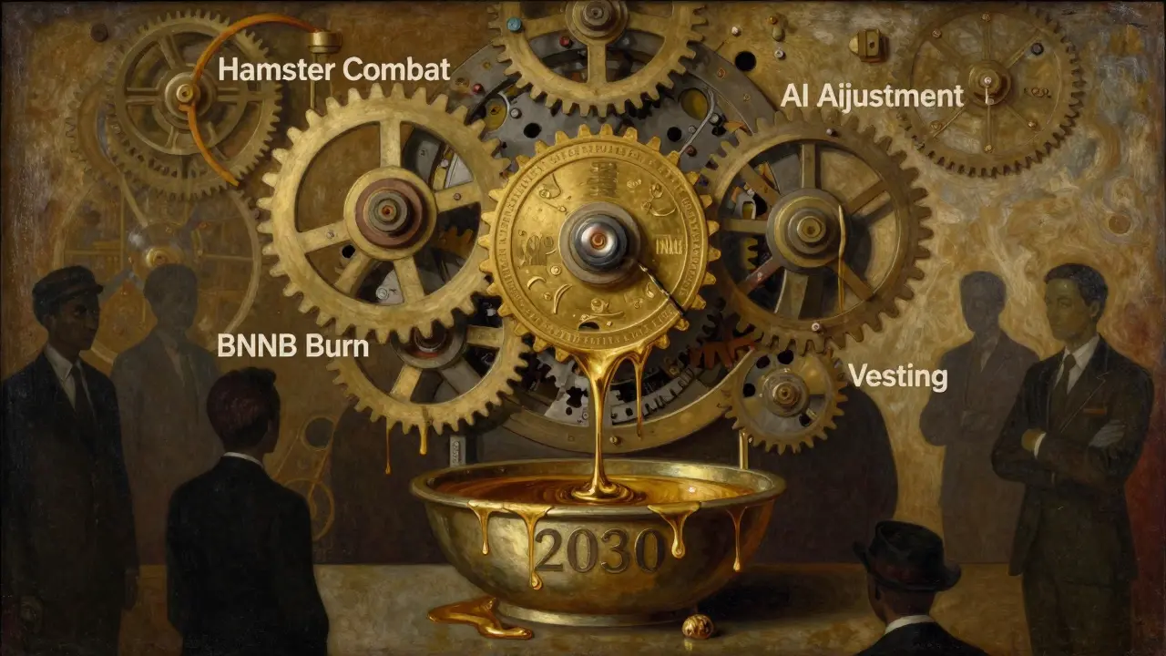 Механический механизм с шестернями токеномики, капающий золотом в чашу 2030 года.